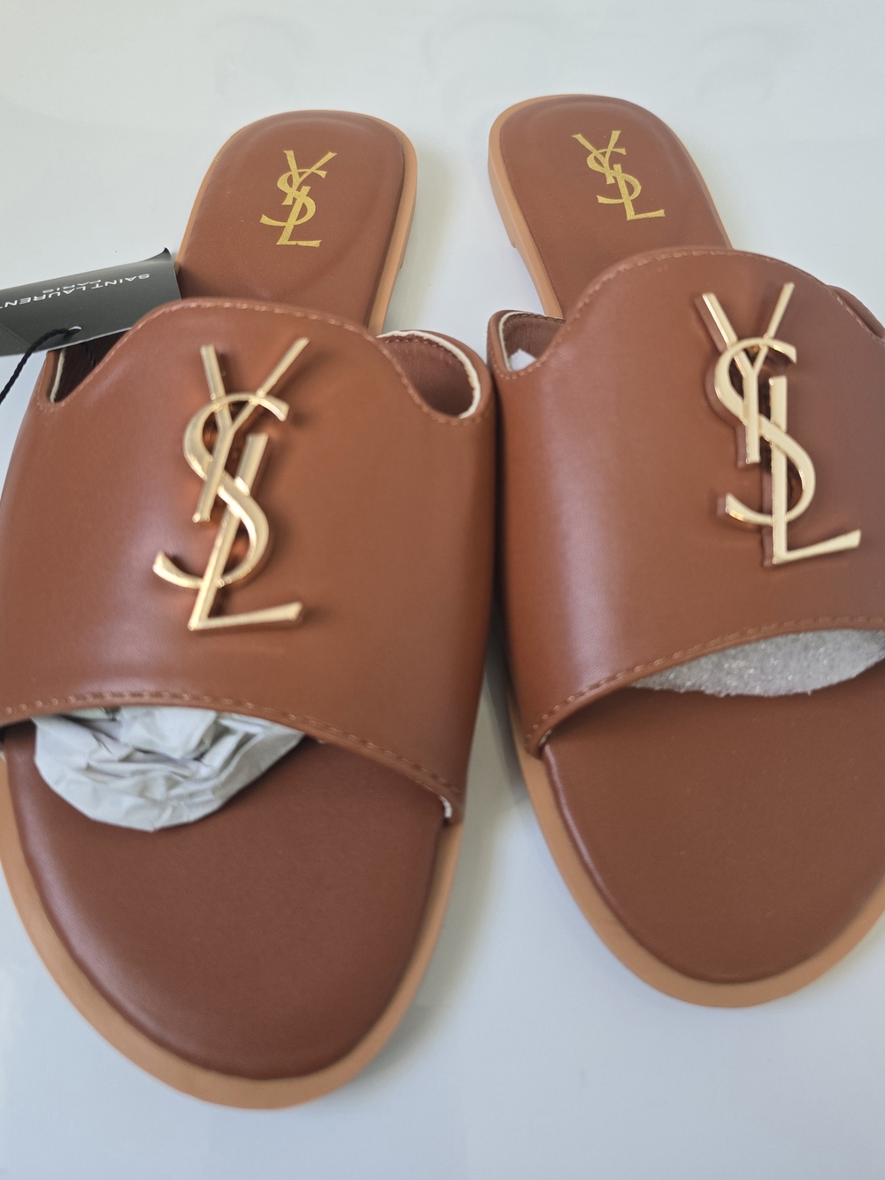Saint Laurent Kids Brown Slide Sandals with Gold Logo